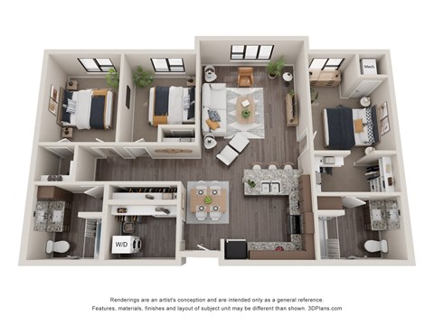 A 3D floor plan of a house with a kitchen, living room, and two bedrooms.